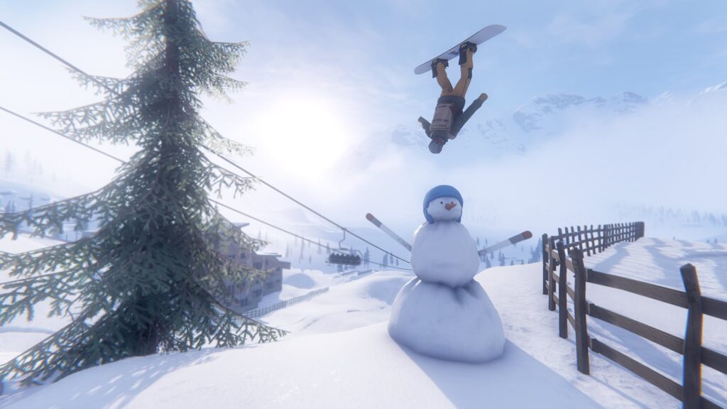 Screenshot uit Shredders: een snowboarder vliegt ondersteboven over een sneeuwpop op een besneeuwde berg.
