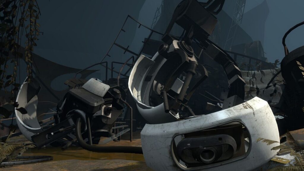 Glados uit de Portal 2 ligt gebroken op de grond.