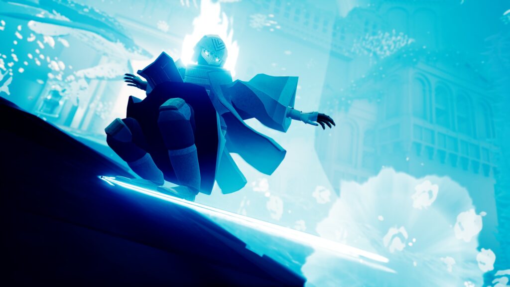 Screenshot uit Sword of the Sea, waarbij de 'Wraith' surft op een zwevemd zwaard.