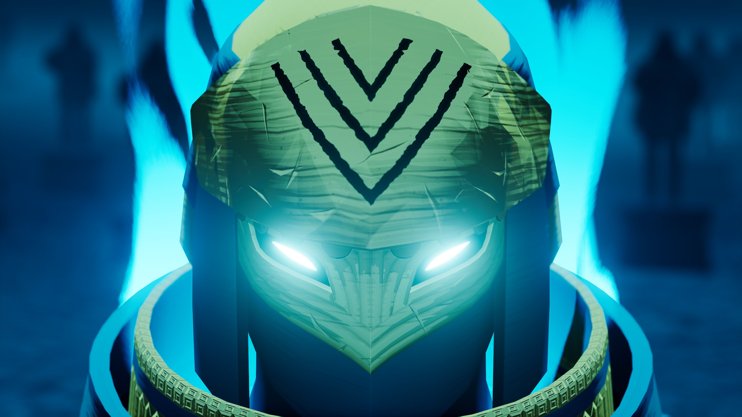 Screenshot uit de openingsscène van Sword of the Sea. De Wraith wordt wakker, met gloeiende ogen door zijn rituele helm.