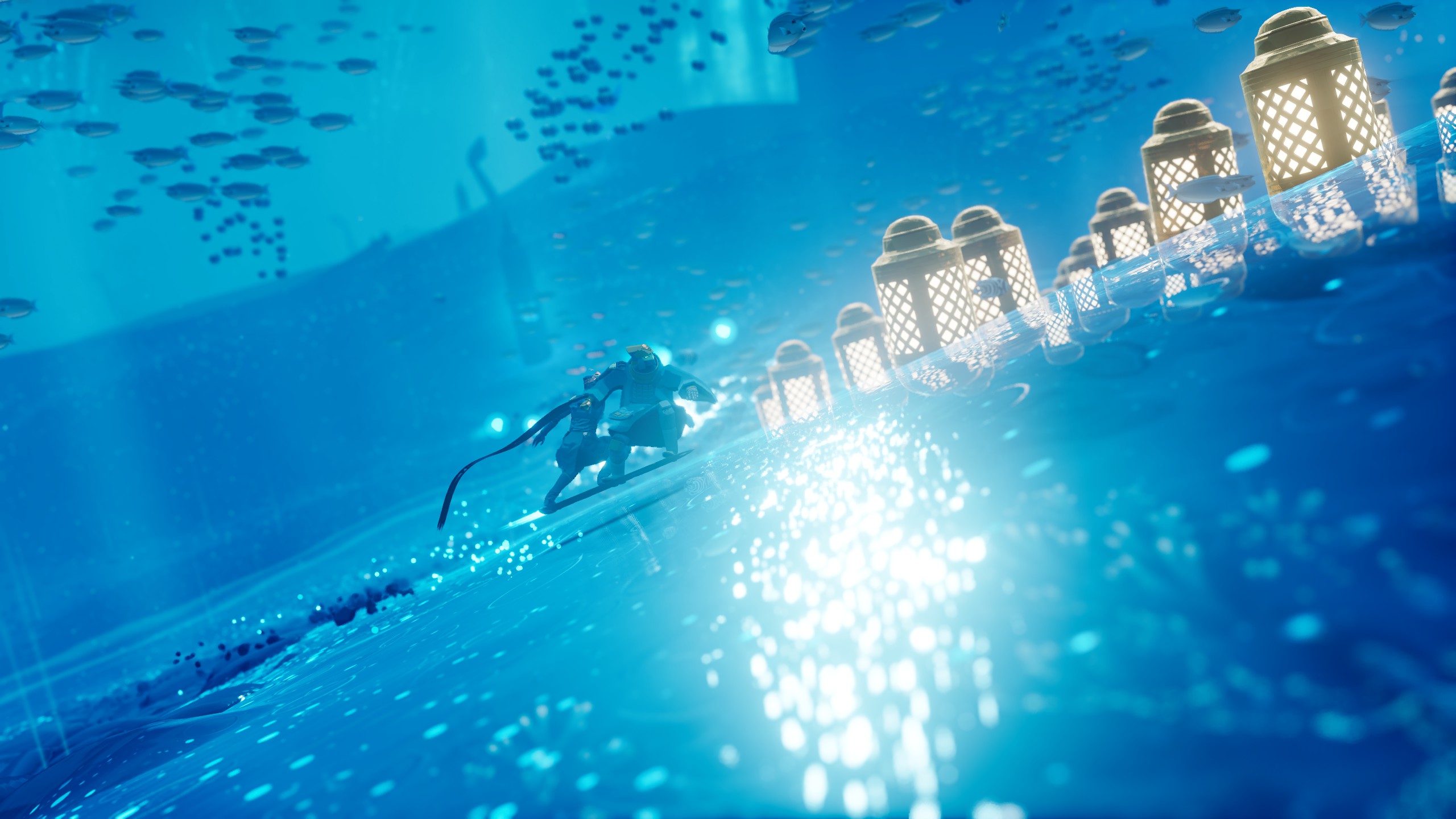 Screenshot uit Sword of the Sea, waarin de protagonist samen met een andere 'surfer' op hetzelfde zwaard staat.