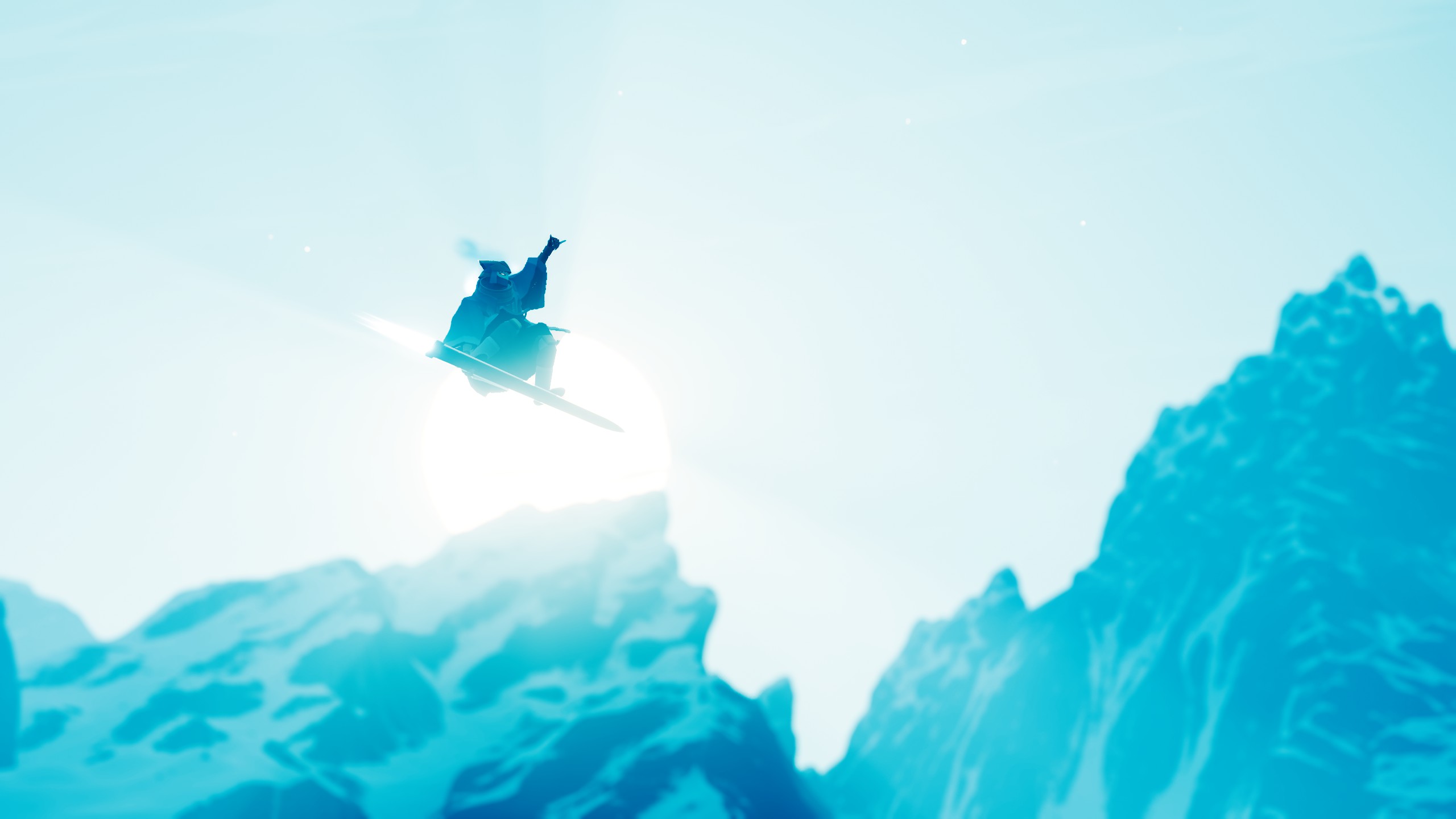 Beeld uit Sword of the Sea, waarin de protagonist door een ijzig blauwe lucht raast, terwijl deze een 'grab'-trucje doet.