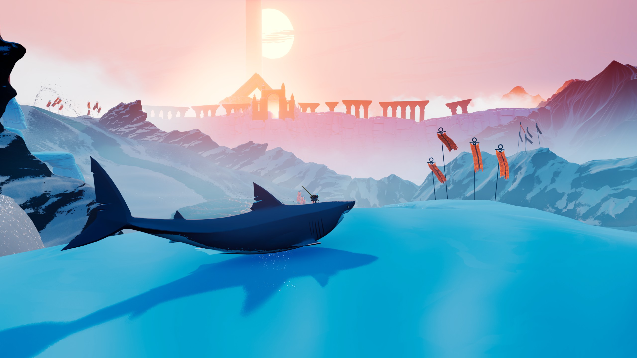 Beeld uit Sword of the Sea, waarin de protagonist eens niet op een zwaard surft, maar op een gigantische haai, op een gigantische ijsplaat. Het beeld kleur ijzig blauw, met warme pasteltinten rondom de lucht en in de achtergrond.