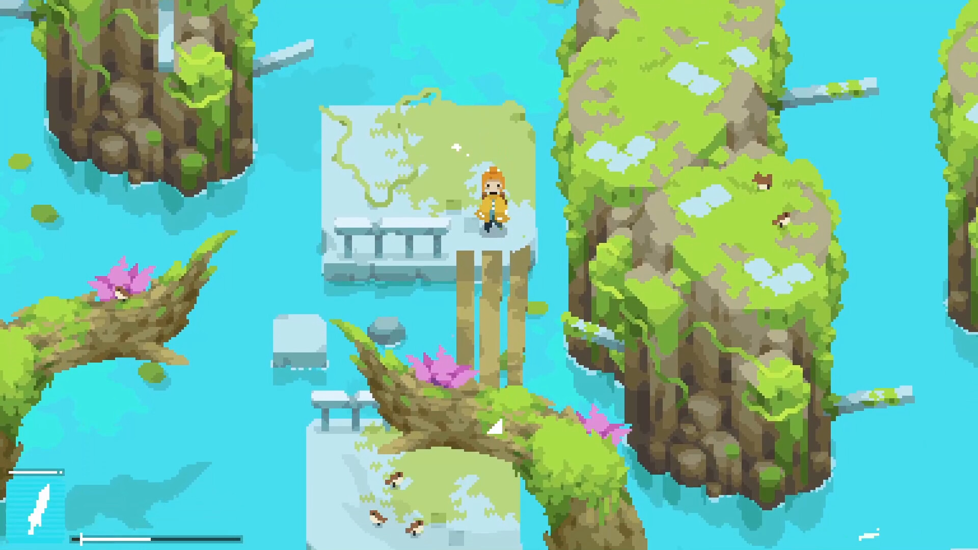 Screenshot van de game ZWAARD. De protagonist staat op een platform in water voor een brug van houten planken. Uit het water komen mossige stenen en bomen.