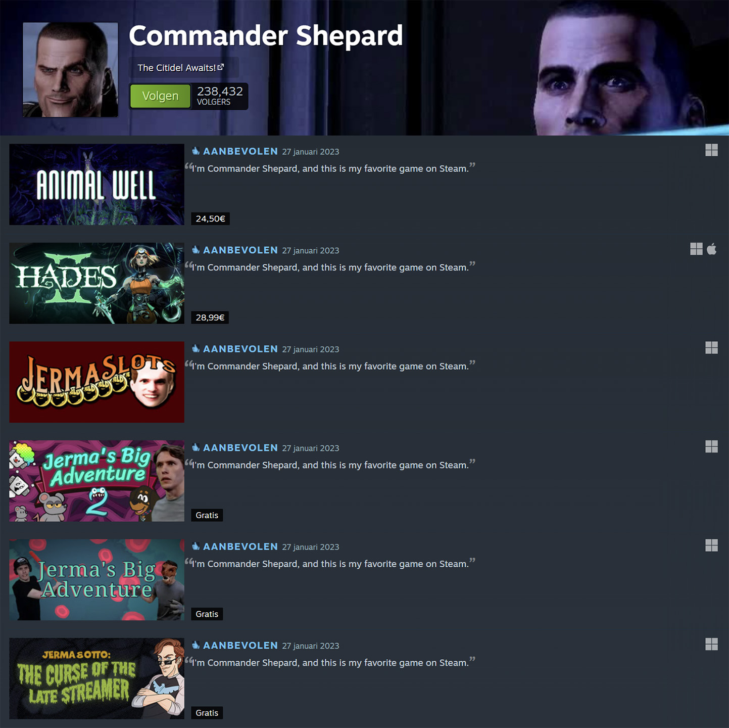 Een greep van Commander Shepard's aanraders op zijn zogenaamde Steam-curatorpagina. Daarop staan onder meer Animal Well, Hades II en meerdere gratis spellen van internetbekendheid Jerma aangeprijsd als "mijn favoriete spel op Steam".