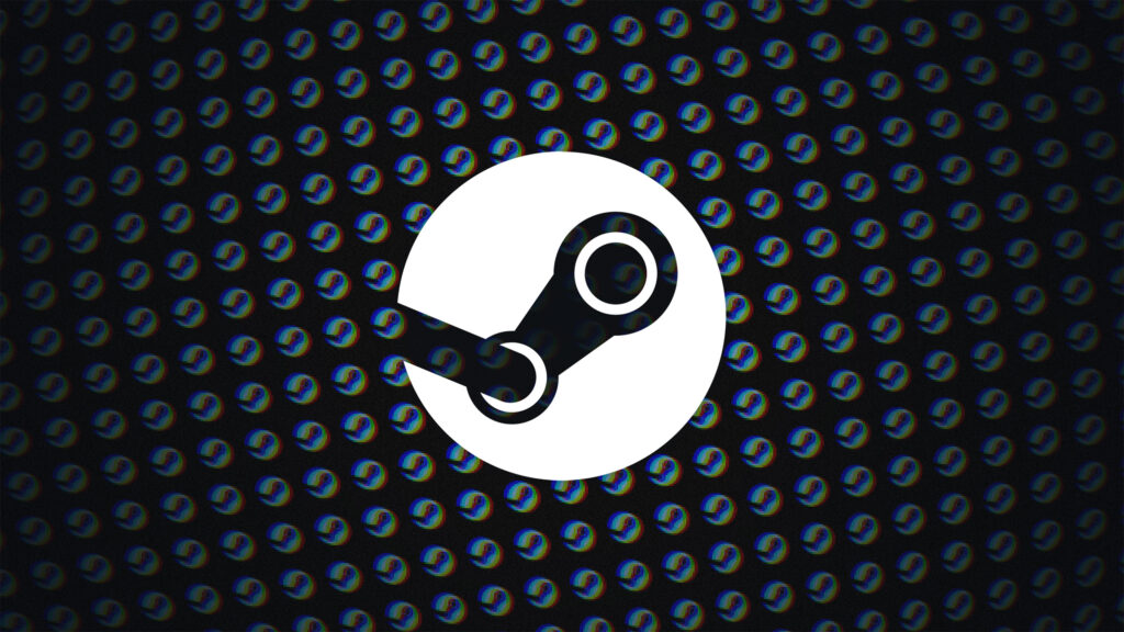 Steam-logo afgebeeld over een pixelachtige achtergrond van talloze Steam-logo's.