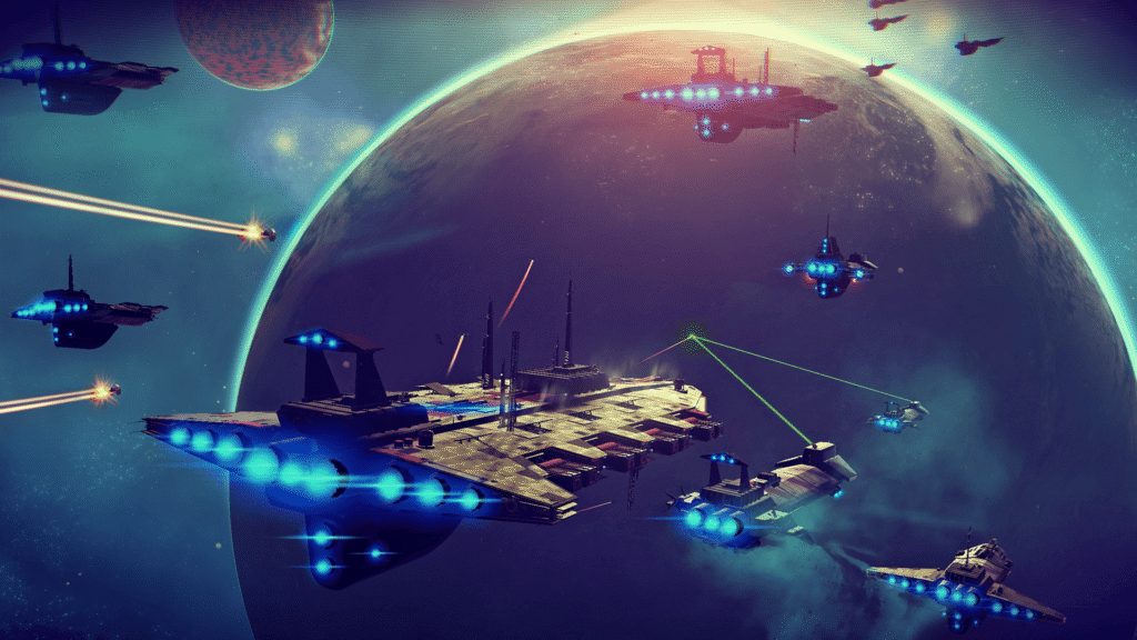 Screenhsot van oudere versie van No Man's Sky. Een groot ruimteschip wordt omringt door kleinere ruimteschepen die in de buurt van een planeet in de ruimte rondvliegen.